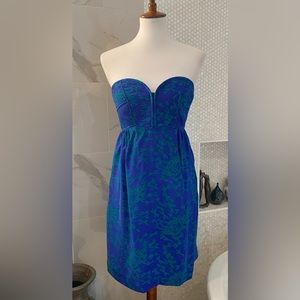 Maple - Strapless Silk Sundress - Quilted Bodice - Green/Blue Print - Anthro - 2